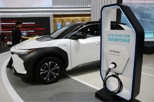 A Toyota electric car at the 2023 Jakarta car show in Tangerang, Indonesia. Photo EPA-EFE